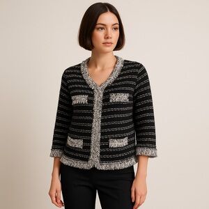 Vintage 90s Bouclé Fringe Cardigan Jacket Black & White Quiet Luxury Knit Size M